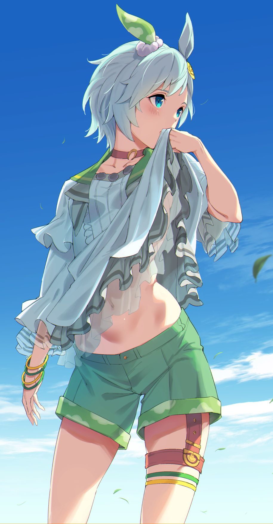 1girl animal_ears blue_eyes blue_hair blue_shirt blue_sky blush bracelet choker clouds commentary_request day green_shorts highres horse_ears horse_girl jewelry leg_garter lifted_by_self looking_to_the_side navel red_choker seiun_sky_(umamusume) shirt shirt_lift short_hair shorts sky solo standing stomach sugarbeat thighs umamusume