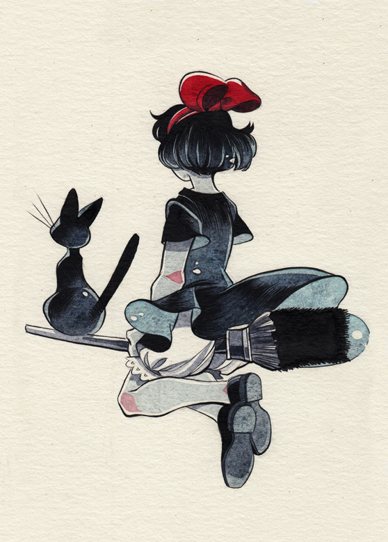 1girl black_cat black_hair bow broom broom_riding cat commentary dress english_commentary facing_away from_behind full_body hair_bow hat inktober kiki majo_no_takkyuubin monochrome red_bow shirotsuki shoes short_hair short_sleeves sitting spot_color traditional_media watercolor_(medium) witch