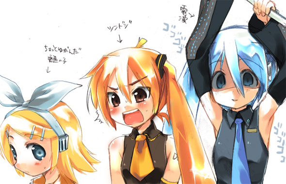 aqua_hair armpits bare_shoulders blonde_hair blue_eyes brown_eyes detached_sleeves grey_eyes hair_ornament hairclip hatsune_miku kagamine_rin long_hair necktie orange_hair side_ponytail spring_onion translated tsundere vocaloid yandere