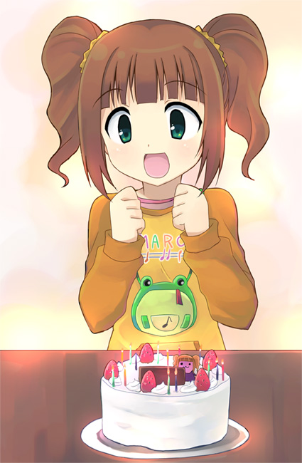 cake food fruit green_eyes happy idolmaster open_mouth otoutogimi pastry raglan_sleeves strawberry takatsuki_yayoi twintails yayoi_creature