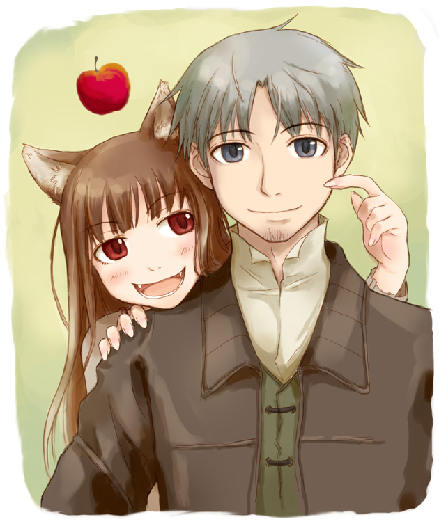 apple apples brown_hair craft_lawrence fangs food fruit grey_hair holo long_hair red_eyes silver_hair spice_and_wolf takagi_hideaki wolf_ears