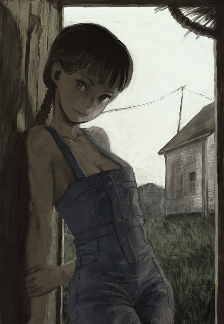 1girl braid brown_eyes brown_hair leaning long_hair nababa naked_overalls original overalls single_braid topless