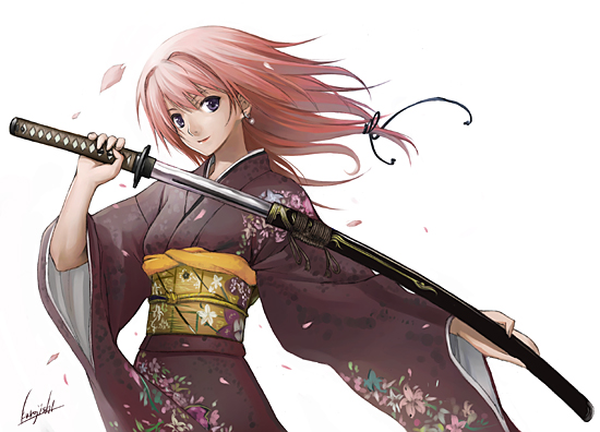 japanese_clothes katana kimono kurojishi red_hair redhead sheath short_hair solo sword unsheathing weapon