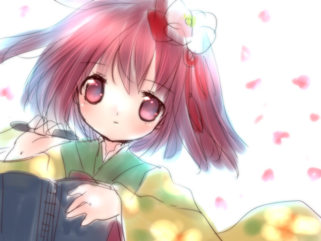 flower hieda_no_akyu hieda_no_akyuu japanese_clothes kimono pen red_eyes red_hair touhou