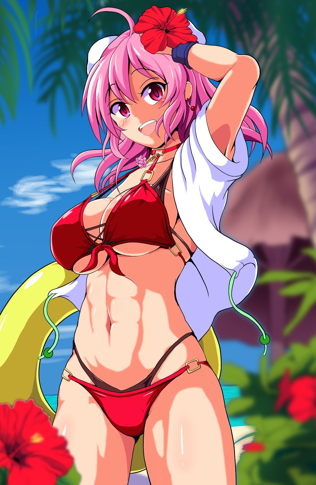 1girl abs ahoge arm_up bangs beach bikini blue_sky blush breasts bun_cover clouds commentary_request cowboy_shot double_bun eyebrows_visible_through_hair flower front-tie_bikini front-tie_top hibiscus highres ibaraki_kasen innertube jacket large_breasts looking_at_viewer navel nioti open_clothes open_jacket open_mouth outdoors palm_tree pink_eyes pink_hair red_bikini red_eyes shiny shiny_hair shiny_skin short_hair short_sleeves sky solo swimsuit touhou tree upper_teeth white_jacket