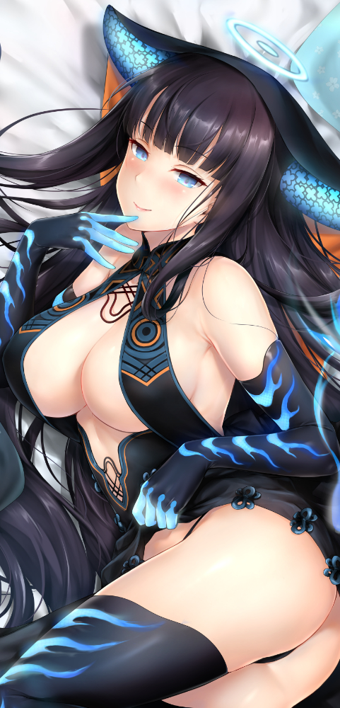 1girl ass bangs bare_shoulders black_dress black_gloves black_headwear black_legwear blue_eyes blunt_bangs blush breasts center_opening dakimakura_(medium) dress elbow_gloves fate/grand_order fate_(series) gloves large_breasts long_hair looking_at_viewer purple_hair rei_kun smile thigh-highs thighs very_long_hair yang_guifei_(fate)