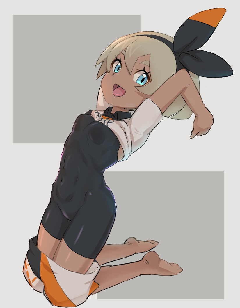 1girl arms_up barefoot bea_(pokemon) black_bodysuit black_hairband blue_eyes bodysuit bodysuit_under_clothes bow_hairband breasts clothes_pull collared_shirt covered_navel dark_skin dark-skinned_female full_body grey_hair gym_leader hairband kneeling nyonn24 open_mouth pokemon pokemon_(game) pokemon_swsh print_shorts shirt shirt_lift short_hair shorts shorts_pull small_breasts smile solo