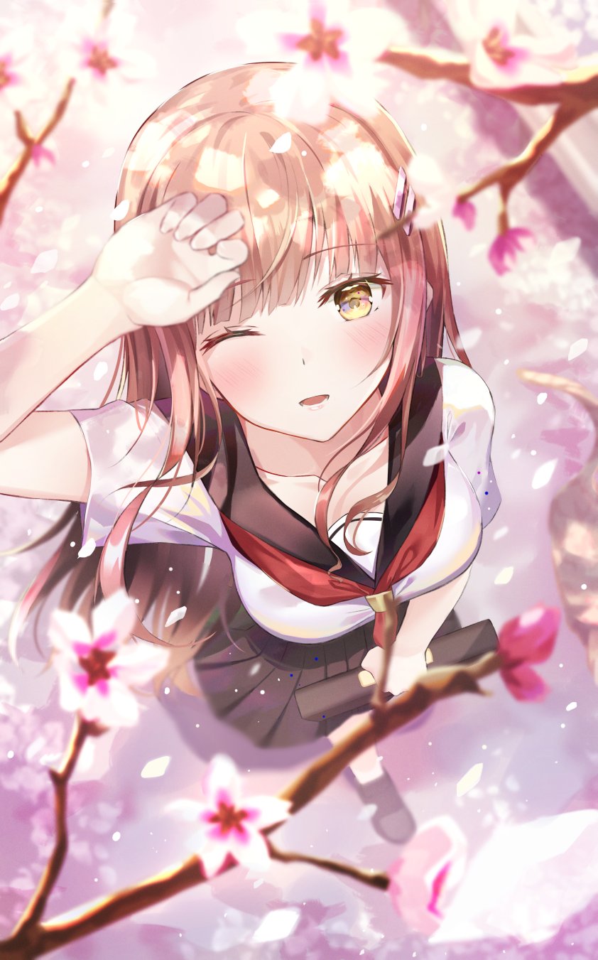 1girl arm_up black_footwear black_sailor_collar black_skirt blonde_hair blush cherry_blossoms flower from_above hand_up highres holding hyonee long_hair looking_at_viewer neckerchief one_eye_closed open_mouth original outdoors pink_flower pleated_skirt red_neckwear sailor_collar school_uniform serafuku shirt shoes short_sleeves skirt socks solo standing tree tree_branch white_legwear white_shirt yellow_eyes
