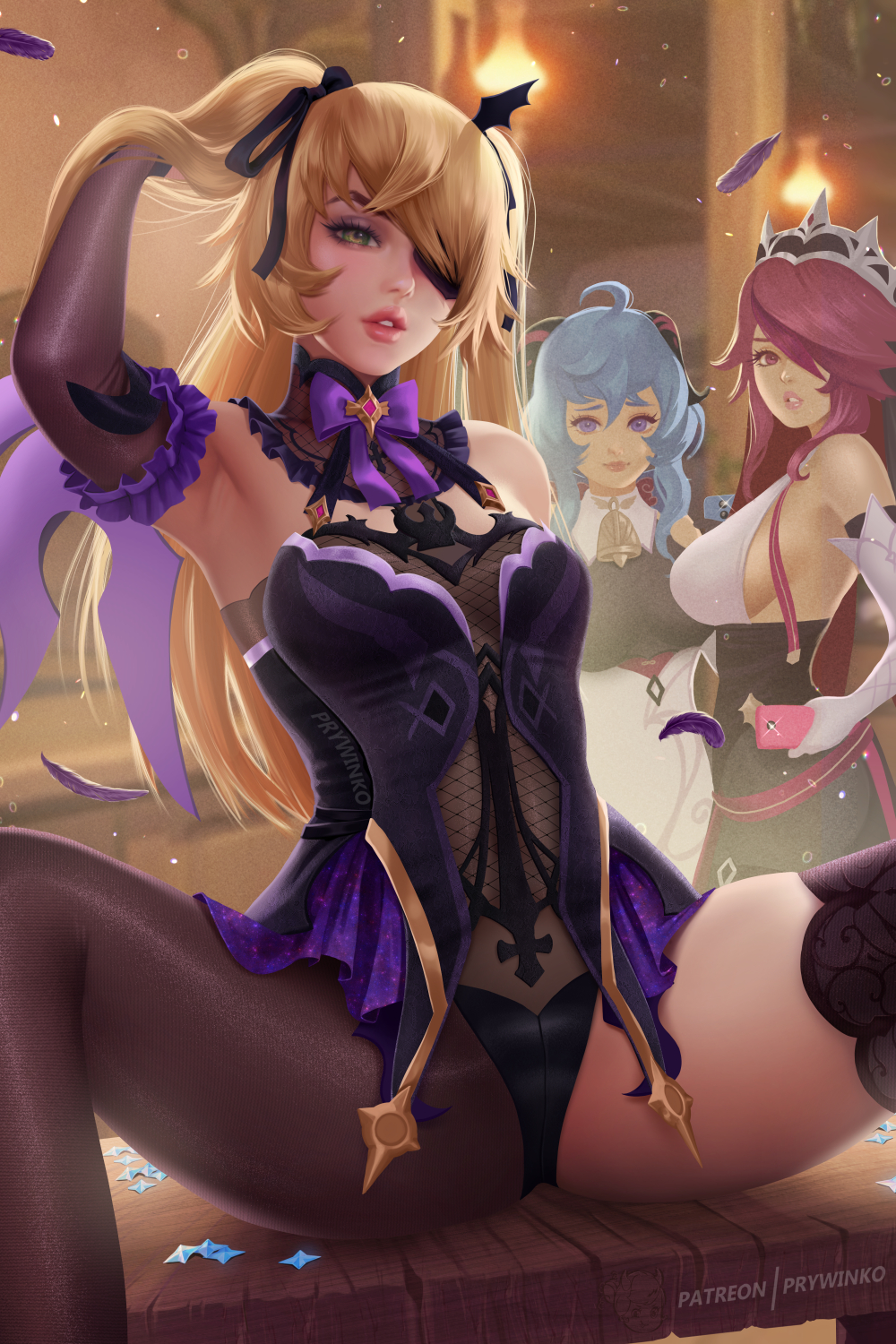 3girls black_eyepatch blonde_hair blue_hair bodystocking breasts camera_phone elbow_gloves eyepatch feathers fischl_(genshin_impact) ganyu_(genshin_impact) genshin_impact gloves goat_horns green_eyes hair_between_eyes hair_over_one_eye highres horns large_breasts leotard lips long_hair looking_at_another looking_at_viewer medium_breasts multiple_girls parted_lips prywinko red_eyes redhead rosaria_(genshin_impact) single_sleeve single_thighhigh solo_focus spread_legs thigh-highs twintails two_side_up violet_eyes white_gloves