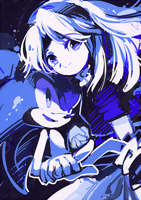 1boy 1girl aoki_(fumomo) bangs blue_background blue_theme body_fur closed_mouth commentary_request eyebrows_visible_through_hair furry gloves hairband long_hair looking_at_viewer maria_robotnik monochrome shoes short_sleeves smile sonic_(series) sonic_adventure_2 sonic_the_hedgehog