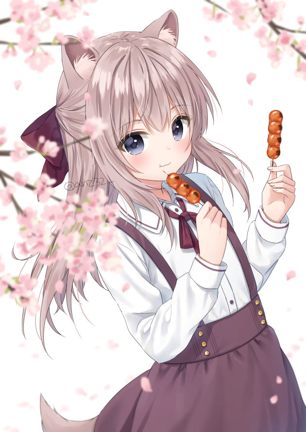 1girl :t animal_ears anz32 bangs blue_eyes blurry blurry_background blurry_foreground blush bow brown_bow brown_hair brown_skirt cherry_blossoms closed_mouth collared_shirt commentary_request dango depth_of_field dog_ears dog_girl dog_tail dress_shirt eating eyebrows_visible_through_hair flower food hair_between_eyes hair_bow hands_up holding holding_food long_hair long_sleeves looking_at_viewer original pink_flower shirt skirt solo suspender_skirt suspenders tail tree_branch twitter_username very_long_hair wagashi wavy_mouth white_shirt