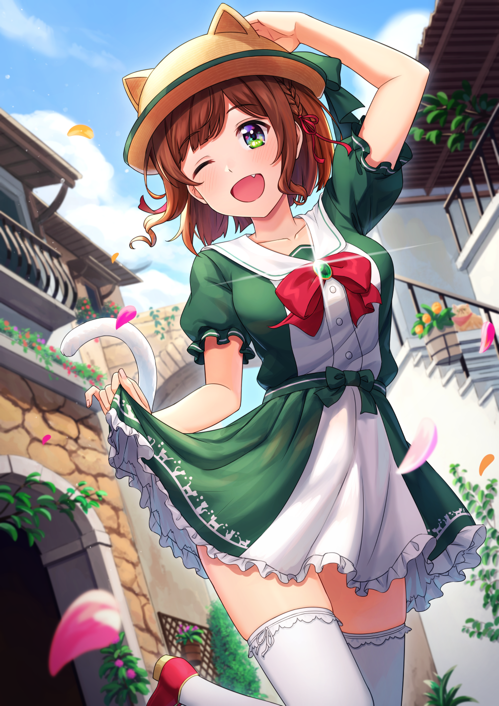 1girl amulet animal_hat bandana bow braid cat_tail clouds dog fang frilled_skirt frills green_eyes hair_ribbon hat hat_ribbon highres idolmaster idolmaster_cinderella_girls kurageso maekawa_miku one_eye_closed open_mouth petals plant pose potted_plant ribbon sailor_collar short_hair side_braid skirt skirt_hold sky solo stairs standing standing_on_one_leg straw_hat tail thigh-highs vines