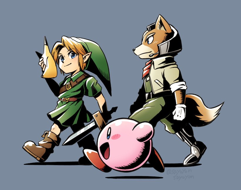 1other 2boys blonde_hair blue_eyes boots fairy fox_mccloud furry gloves hat kirby kirby_(series) link male_focus mask multiple_boys open_mouth pointy_ears sayoyonsayoyo shield short_hair smile star_fox super_smash_bros. sword tail the_legend_of_zelda the_legend_of_zelda:_majora's_mask the_legend_of_zelda:_ocarina_of_time tunic weapon young_link younger
