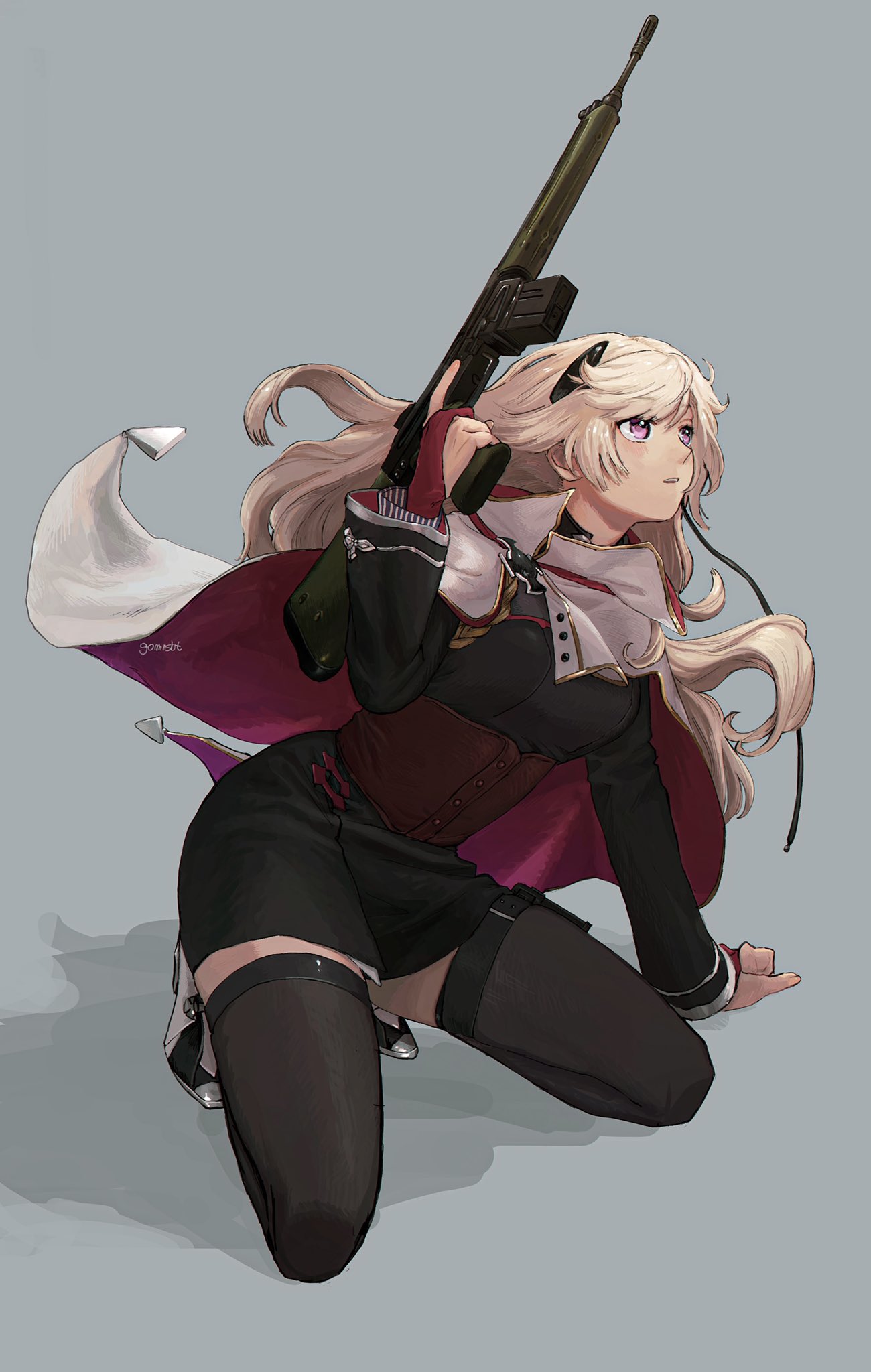 1girl 5kpgte arm_support battle_rifle blonde_hair cape commentary corset full_body g3_(girls_frontline) girls_frontline gun h&amp;k_g3 hair_ornament highres holding holding_weapon kneeling long_hair long_sleeves looking_up mod3_(girls_frontline) pink_eyes rifle skirt solo thigh-highs trigger_discipline weapon