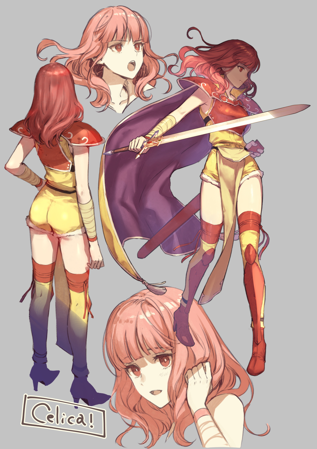 armlet armor bangs bare_shoulders blunt_bangs breastplate cape celica_(fire_emblem) character_name collarbone commentary_request english_text eyebrows_visible_through_hair fighting_stance fire_emblem fire_emblem_echoes:_shadows_of_valentia fire_emblem_gaiden furikawa_arika grey_background hand_in_hair hand_on_own_chin hand_up high_heels highres holding holding_sword holding_weapon leg_armor leg_ribbon light_blush long_hair looking_away looking_to_the_side multiple_views red_cape red_eyes red_footwear red_ribbon redhead ribbon shoulder_armor sidelocks simple_background sword weapon