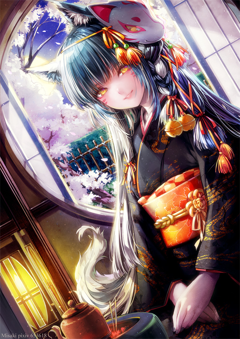 1girl animal_ear_fluff animal_ears architecture black_hair black_kimono east_asian_architecture facial_mark fox_ears fox_mask fox_tail japanese_clothes kimono kitsune long_hair looking_at_viewer mask mask_on_head misaki_(kyal_001) obi obiage obijime original sash seiza sitting smile solo tail yellow_eyes