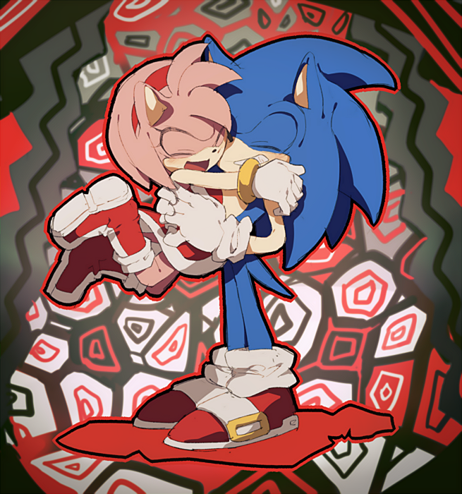1boy 1girl amy_rose animal_ears animal_nose aoki_(fumomo) blue_fur blue_hair body_fur boots closed_eyes colored_skin commentary_request dress full_body furry gloves hairband happy hedgehog_ears hedgehog_girl hedgehog_tail knee_boots long_hair open_mouth outline pink_fur pink_hair red_dress red_footwear red_hairband red_outline shoes short_dress short_hair sleeveless sleeveless_dress smile solo sonic_(series) sonic_the_hedgehog standing tail white_gloves