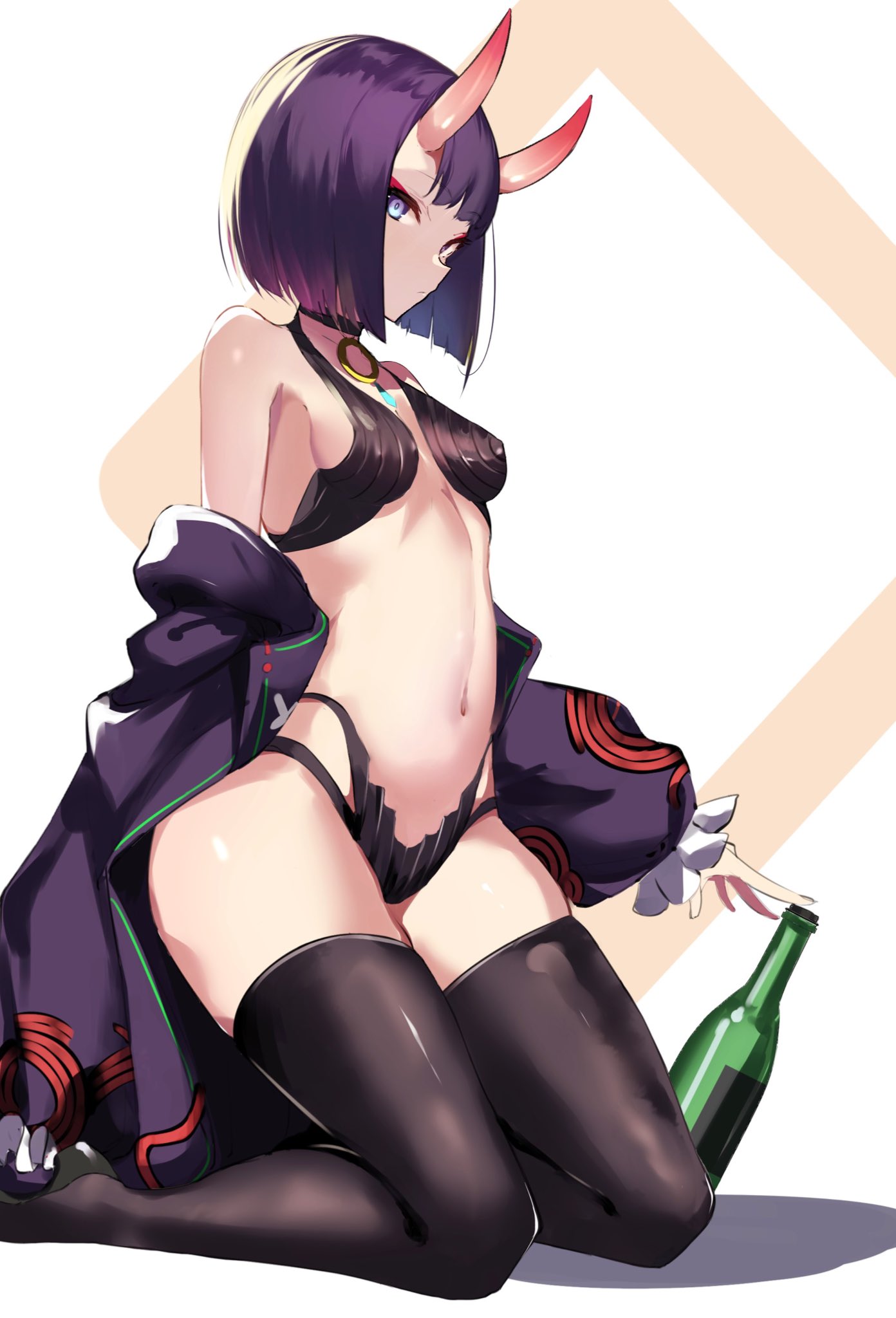 1girl bangs bare_shoulders bob_cut breasts collarbone eyeliner fate/grand_order fate_(series) highres horns japanese_clothes kimono long_sleeves looking_at_viewer makeup navel off_shoulder oni oni_horns purple_hair purple_kimono revealing_clothes short_hair shuten_douji_(fate) skin-covered_horns small_breasts solo spider_apple violet_eyes wide_sleeves