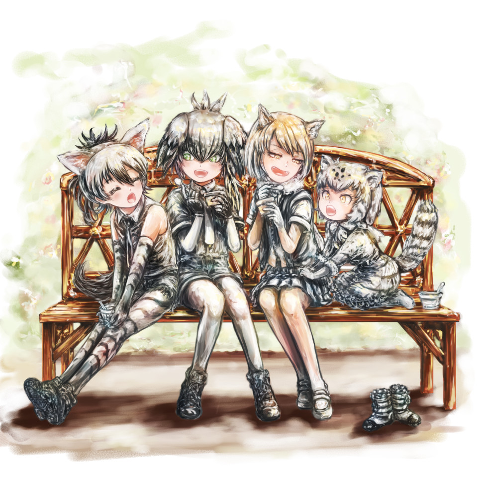4girls aardwolf_(kemono_friends) aardwolf_ears aardwolf_print aardwolf_tail animal_ears animal_print bangs bare_shoulders bench black_hair bodystocking brown_hair cat_ears cat_girl cat_tail closed_eyes collared_shirt commentary_request day dress elbow_gloves facing_another fangs fingerless_gloves footwear_removed fox_ears friends full_body fur-trimmed_sleeves fur_collar fur_trim gloves green_eyes grey_hair grey_shirt grey_shorts hair_between_eyes half-closed_eyes hands_up height_difference high_ponytail holding kemono_friends kneeling knees_together_feet_apart leaning_forward leaning_to_the_side legs_together legwear_under_shorts long_hair long_sleeves medium_hair multicolored_hair multiple_girls necktie on_bench open_mouth outdoors outstretched_arms outstretched_legs pallas's_cat_(kemono_friends) pantyhose park_bench parted_bangs scarf shirt shoebill_(kemono_friends) shoes short_over_long_sleeves short_sleeves shorts side-by-side sitting sitting_on_bench skirt sleeveless sleeveless_shirt smile stealstitaniums striped_tail tail tibetan_sand_fox_(kemono_friends) two-tone_hair wing_collar yellow_eyes