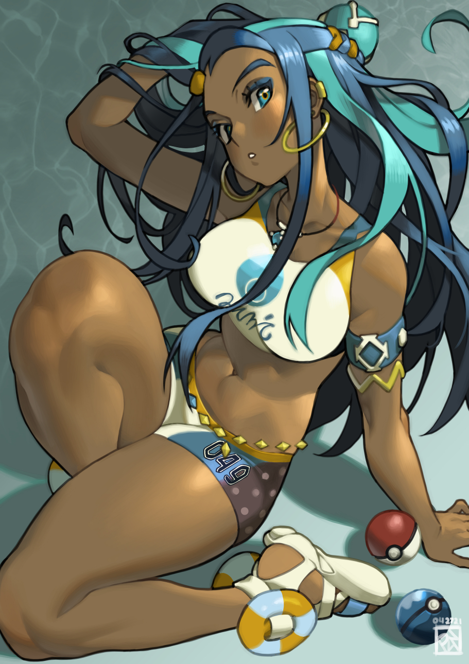 1girl arm_up belly belly_chain bike_shorts black_hair blue_eyes blue_eyeshadow blue_hair breasts dark_skin dark-skinned_female dive_ball earrings eyeshadow gloves gym_leader hair_bun hair_flip highres hoop_earrings jewelry large_breasts legs long_hair looking_at_viewer makeup midriff multicolored_hair navel necklace nessa_(pokemon) number poch4n poke_ball pokemon pokemon_(game) pokemon_swsh single_glove stomach swimsuit tankini thick_thighs thighs two-tone_hair