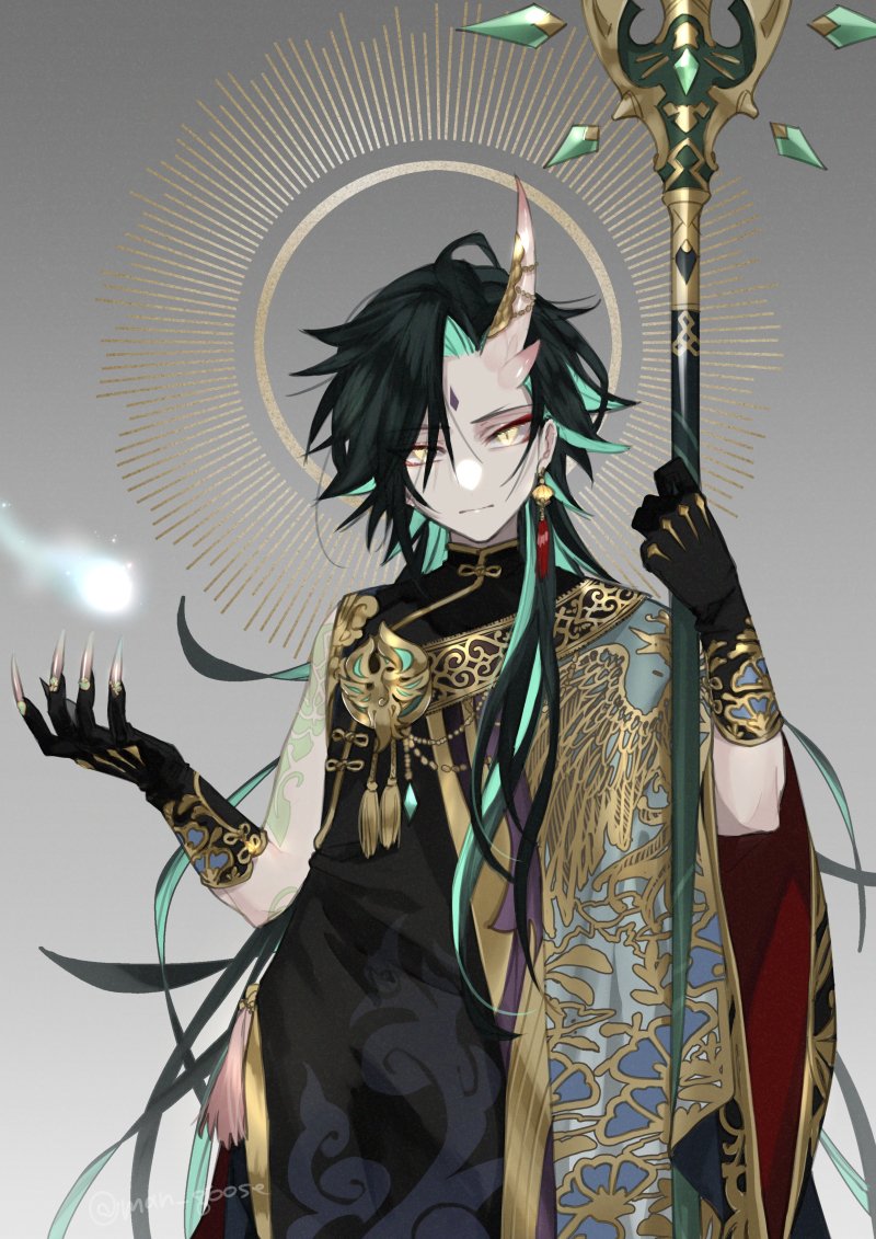 1boy alternate_costume alternate_hair_length alternate_hairstyle aqua_hair asymmetrical_horns bangs black_gloves black_hair chinese_clothes claws closed_mouth facial_mark forehead_mark genshin_impact gloves hair_between_eyes halo holding holding_spear holding_weapon horns jewelry long_hair maka_(morphine) male_focus oni_horns polearm simple_background single_earring solo spear tassel weapon xiao_(genshin_impact) yellow_eyes