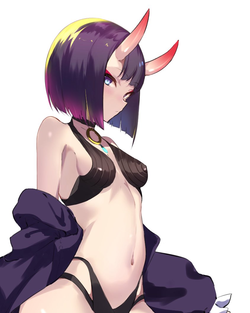 1girl bangs bare_shoulders bob_cut breasts collarbone eyeliner fate/grand_order fate_(series) horns japanese_clothes kimono long_sleeves looking_at_viewer makeup navel off_shoulder oni oni_horns purple_hair purple_kimono revealing_clothes short_hair shuten_douji_(fate) skin-covered_horns small_breasts solo spider_apple violet_eyes wide_sleeves