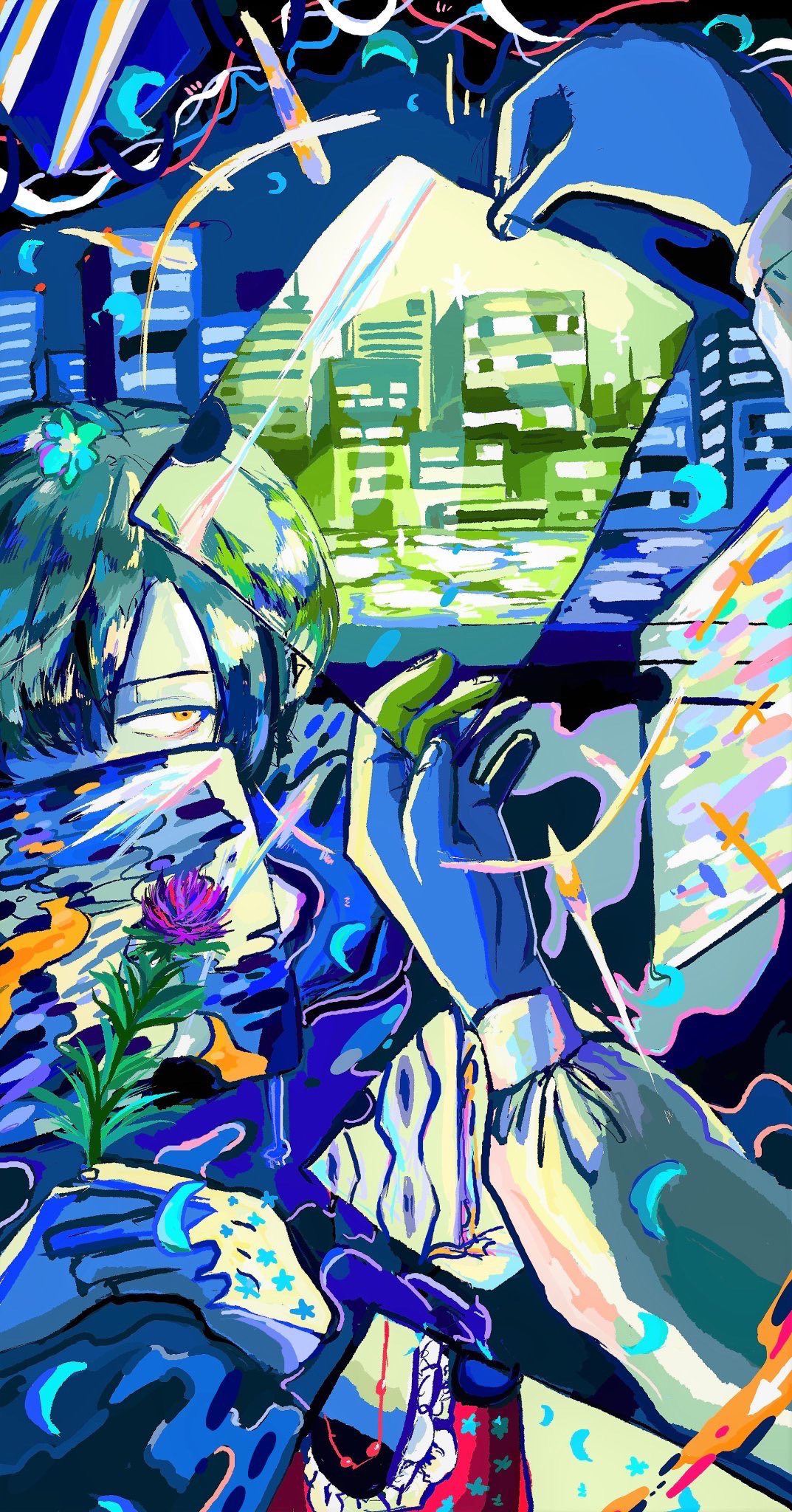 1boy 1other aqua_hair building cocontma covered_mouth flower hair_over_one_eye highres holding holding_flower leaf long_sleeves original purple_flower short_hair surreal yellow_eyes