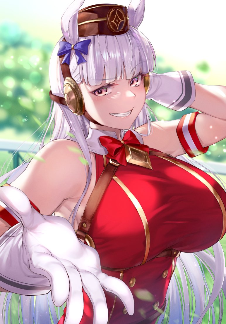 1girl animal_ears bangs bare_shoulders breasts dress ear_covers eyebrows_visible_through_hair from_above garden gloves gold_ship_(umamusume) hair_between_eyes hirasawa_seiji horse_ears horse_girl horse_tail large_breasts long_hair looking_at_viewer open_hand outstretched_hand red_dress silver_hair sitting sleeveless smile tail umamusume upper_body very_long_hair violet_eyes white_gloves