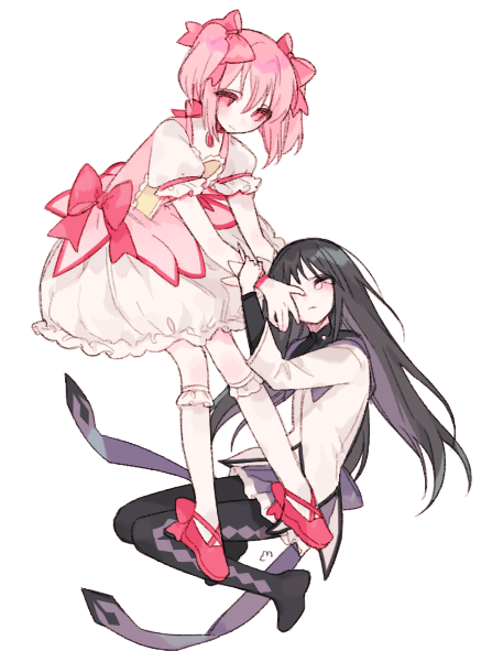 2girls akemi_homura ankle_ribbon argyle argyle_legwear bent_over black_hair black_legwear bubble_skirt capelet choker closed_eyes closed_mouth cross-laced_footwear crying empty_eyes facing_viewer feet_up flat_chest floating frilled_legwear frilled_skirt frilled_sleeves frills full_body gloves grey_capelet grey_skirt hair_ribbon hand_on_another's_head kaname_madoka knees_together_feet_apart legs_together light_smile long_hair long_sleeves looking_at_another looking_down mahou_shoujo_madoka_magica multiple_girls no_nose pantyhose pink_eyes pink_footwear pink_ribbon pleated_skirt puffy_short_sleeves puffy_sleeves ribbon ribbon_choker sad shiny shiny_hair shoes short_sleeves short_twintails simple_background skirt socks soul_gem tears twintails u_emper white_background white_gloves white_legwear white_skirt wrist_grab yuri