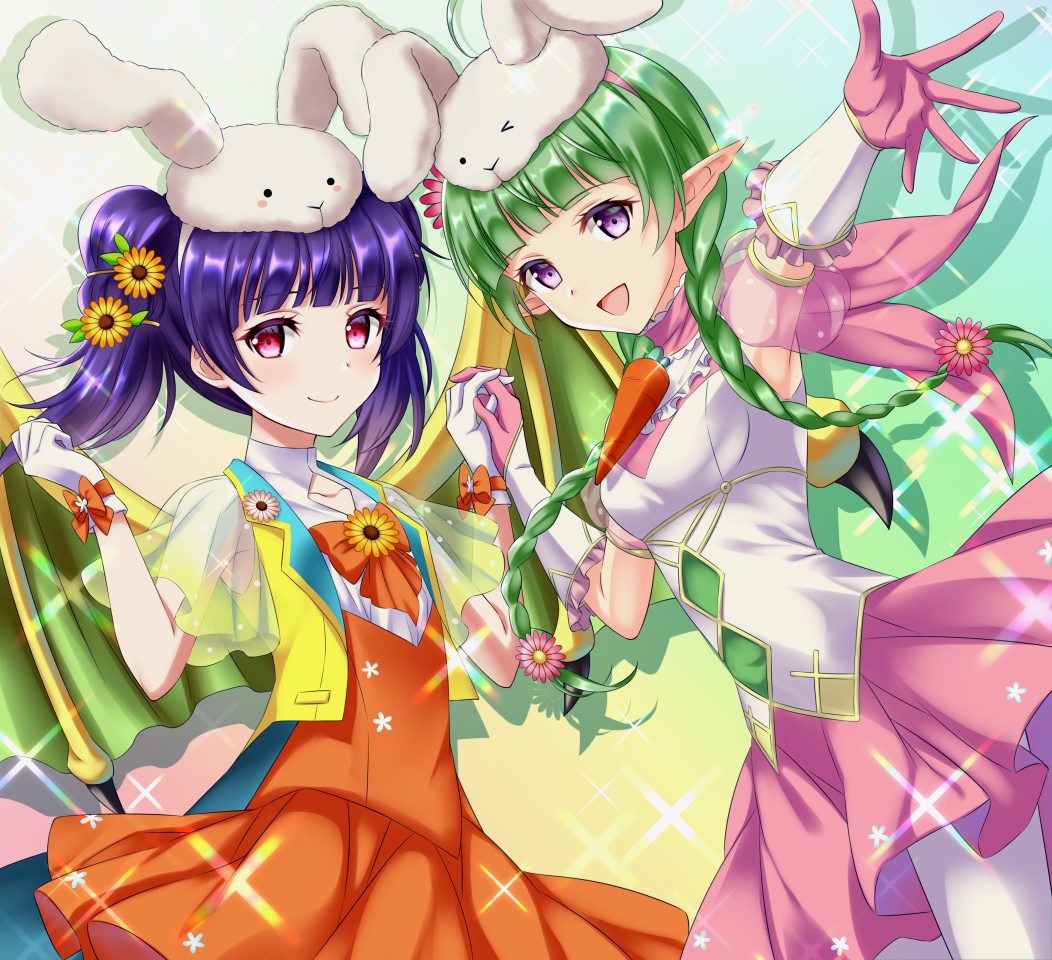 2girls :d animal_hat armpits bangs blunt_bangs braid bunny_hat collarbone dragon_wings dress eyebrows_visible_through_hair fire_emblem fire_emblem:_the_sacred_stones fire_emblem_awakening fire_emblem_heroes flower gloves green_hair hair_flower hair_ornament hat holding_hands kakiko210 looking_at_viewer manakete multiple_girls myrrh_(fire_emblem) nah_(fire_emblem) official_alternate_costume open_mouth orange_dress outstretched_arm pantyhose pink_gloves purple_hair red_eyes ribbon smile tied_hair twin_braids twintails violet_eyes white_gloves white_legwear wings