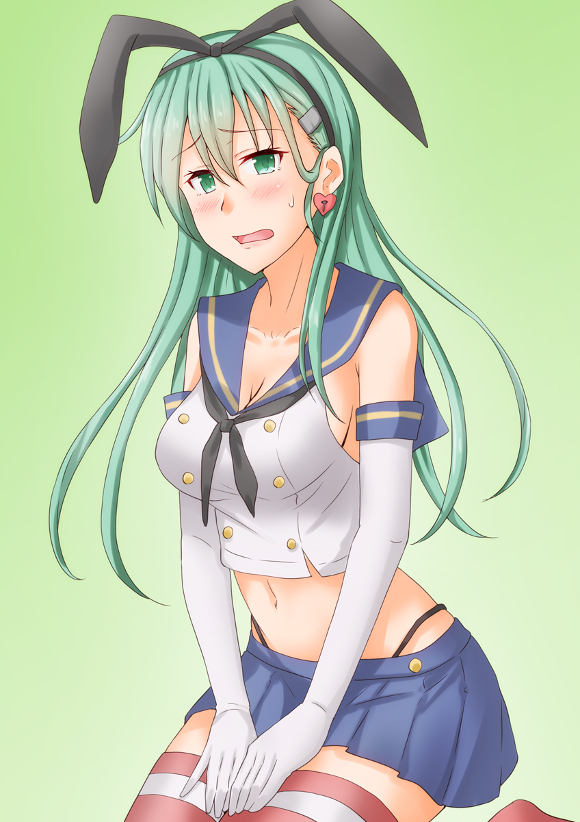 1girl anti_(untea9) aqua_eyes aqua_hair black_hairband black_neckwear black_panties blue_sailor_collar blue_skirt commentary_request cosplay cowboy_shot crop_top elbow_gloves gloves hair_ornament hairband hairclip heart_lock_(kantai_collection) highleg highleg_panties highres kantai_collection kneeling long_hair microskirt miniskirt neckerchief panties pleated_skirt sailor_collar shimakaze_(kancolle) shimakaze_(kancolle)_(cosplay) skirt solo striped striped_legwear suzuya_(kancolle) thigh-highs underwear white_gloves