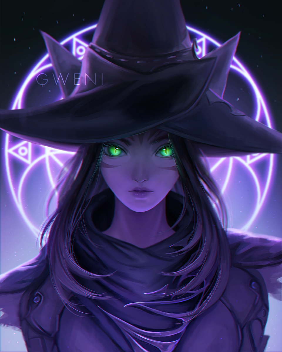 1girl animal_ears black_mage cat_ears facial_mark final_fantasy final_fantasy_xiv glowing glowing_eyes green_eyes gweni hat highres lips long_hair looking_at_viewer miqo'te monochrome portrait purple_hair solo spot_color watermark whisker_markings witch_hat