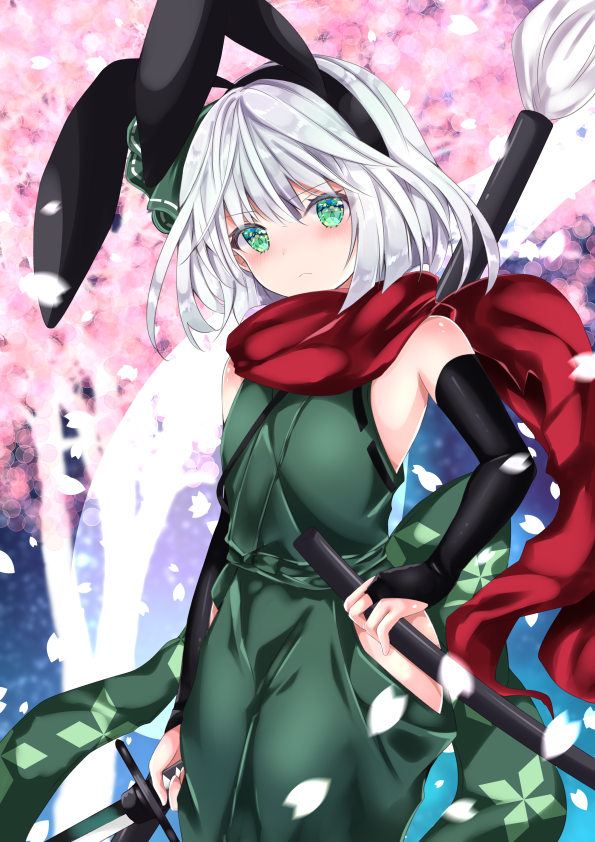 1girl animal_ears bangs bare_shoulders black_hairband blush bridal_gauntlets closed_mouth eyebrows_visible_through_hair fake_animal_ears green_eyes green_kimono hair_between_eyes hairband holding holding_sheath holding_sword holding_weapon japanese_clothes katana kimono konpaku_youmu konpaku_youmu_(ghost) looking_at_viewer nanase_nao petals rabbit_ears sheath silver_hair sleeveless sleeveless_kimono solo sword touhou touhou_lost_word tree unsheathed weapon