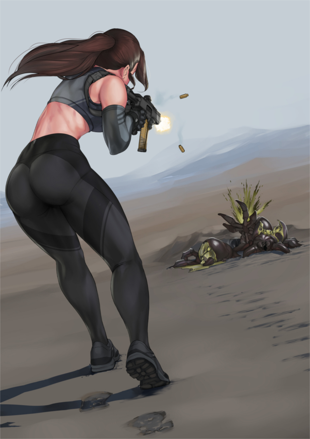 1girl ass bodysuit breasts brown_hair bug from_behind full_body gloves gun highres holding holding_gun holding_weapon jacket jewelry long_hair medium_breasts monster original outdoors pants short_ponytail skin_tight solo spider weapon zerogravitas