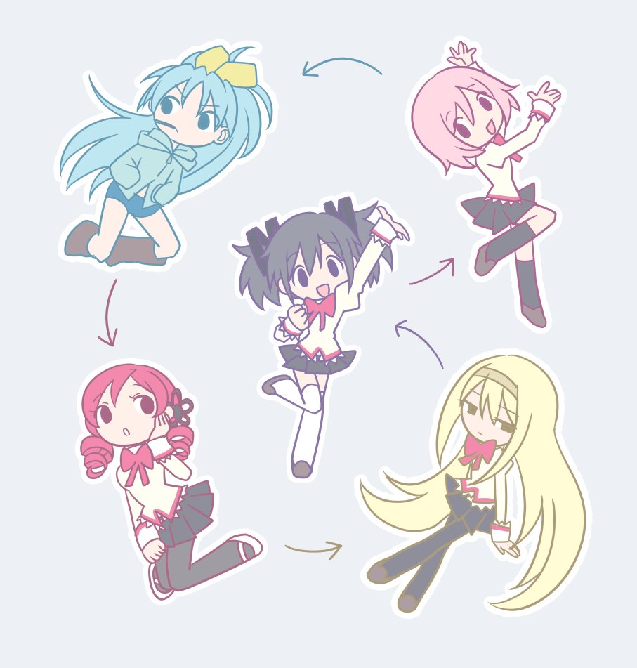 5girls akemi_homura alternate_color alternate_eye_color alternate_hair_color ankle_boots aqua_hair arms_at_sides arrow_(symbol) beige_shirt black_eyes black_hair black_legwear black_skirt blonde_hair boots brown_footwear chibi clenched_hand color_switch crossed_legs drill_hair expressionless facing_viewer feet_up flower food food_in_mouth full_body green_hoodie grey_background hair_flower hair_ornament hair_ribbon hairband hairpin half-closed_eyes hand_on_own_cheek hand_on_own_face hand_up hands_in_pockets hands_up happy high_ponytail hood hood_down hoodie jitome juliet_sleeves kaname_madoka knees_together_feet_apart legs_apart long_hair long_sleeves looking_at_viewer looking_to_the_side mahou_shoujo_madoka_magica miki_sayaka mitakihara_school_uniform mouth_hold multiple_girls neck_ribbon no_nose open_mouth outline pantyhose pink_hair pleated_skirt pocky pokki_(sue_eus) puffy_sleeves red_ribbon redhead ribbon sakura_kyouko school_uniform serious shirt shoes short_hair short_twintails shorts simple_background skirt socks solid_oval_eyes thigh-highs tomoe_mami twin_drills twintails v-shaped_eyebrows white_footwear white_legwear white_outline yellow_ribbon zipper