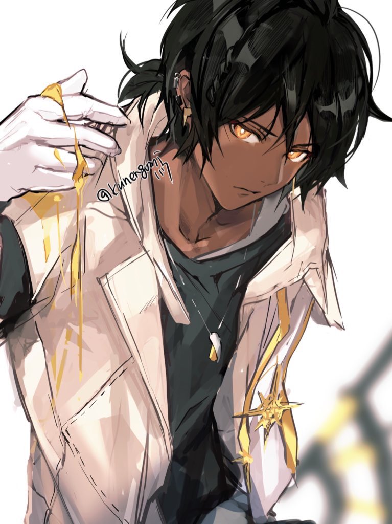 1boy arknights bangs black_hair black_shirt closed_mouth dark_skin dark_skinned_male gloves jacket jewelry kanengomi low_ponytail male_focus necklace ponytail shirt simple_background solo thorns_(arknights) twitter_username upper_body white_background white_gloves white_jacket yellow_eyes