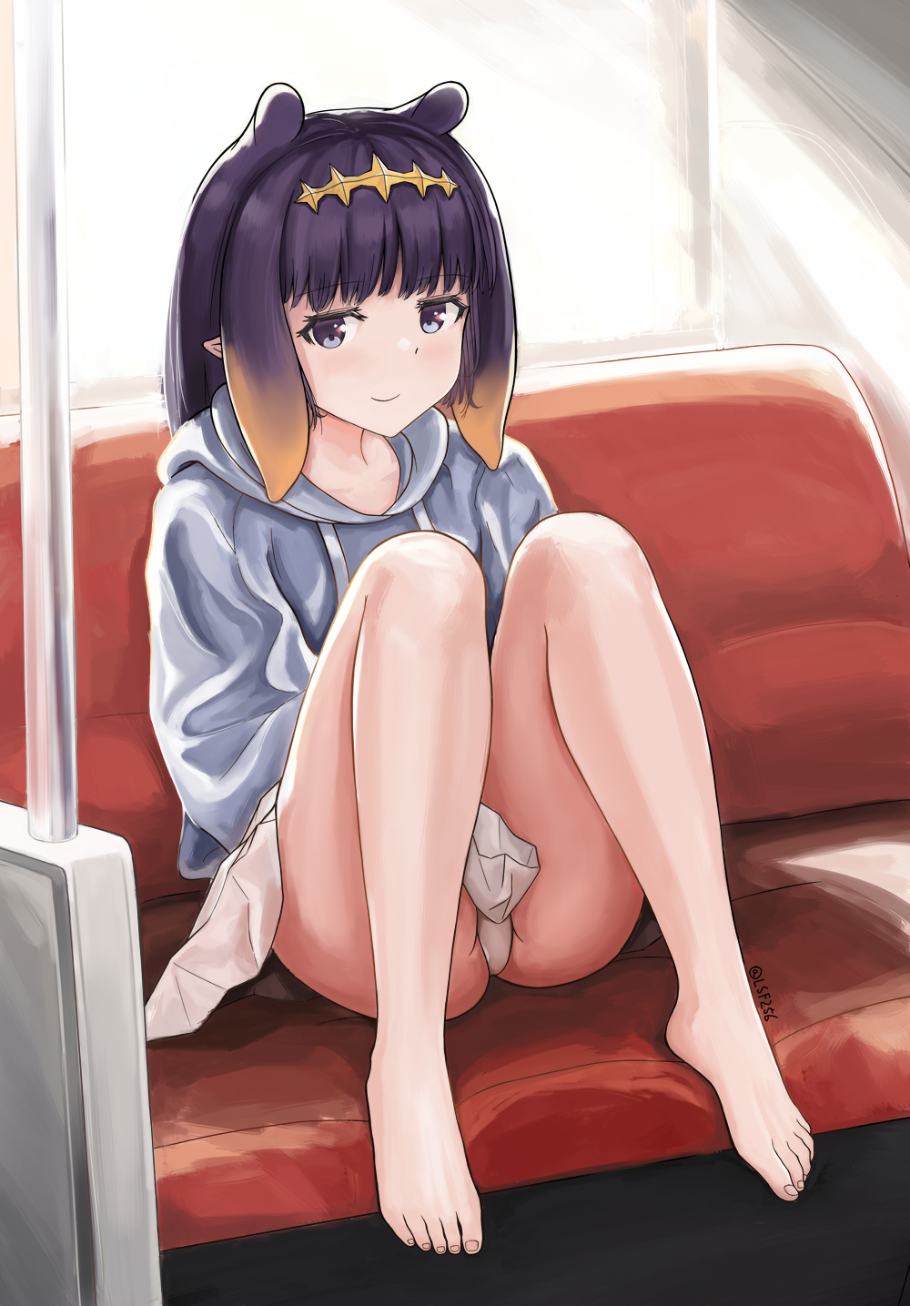 1girl barefoot ground_vehicle highres hololive hololive_english hood hoodie looking_at_viewer lsf256 ninomae_ina'nis panties purple_hair sitting skirt smile smug toes train train_interior underwear upskirt violet_eyes virtual_youtuber white_panties white_skirt