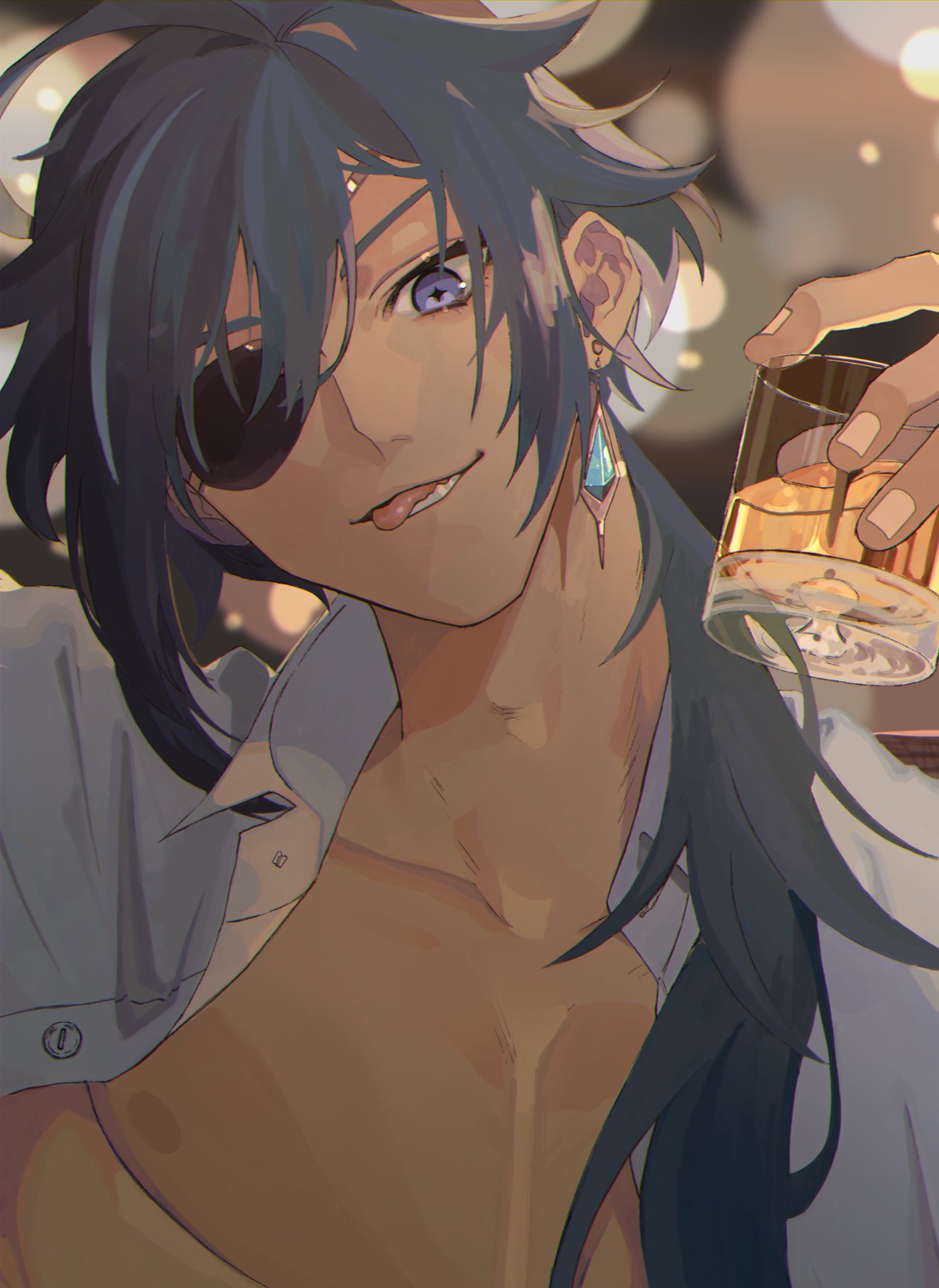 1boy alcohol bangs blue_eyes blue_hair blurry bokeh cup dark_skin dark_skinned_male depth_of_field eyepatch genshin_impact hair_between_eyes highres holding holding_cup jewelry kaeya_alberich long_hair male_focus multicolored_hair nipples open_clothes open_mouth open_shirt pectorals rawr6180 shirt single_earring solo streaked_hair tongue tongue_out white_shirt