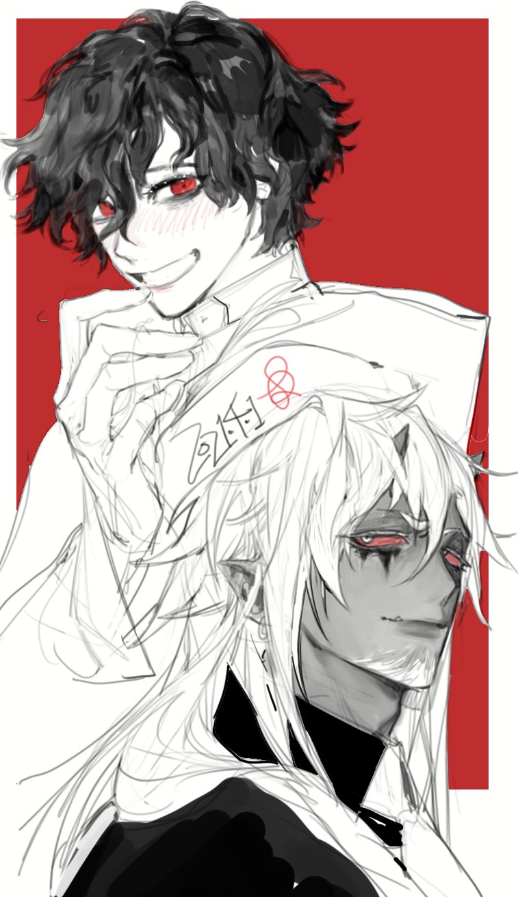 2boys beard blush border closed_mouth colored_sclera dark_skin dark_skinned_male dated facial_hair grin highres horns long_hair looking_at_viewer male_focus monochrome multiple_boys original pigeon666 red_eyes red_sclera red_theme sanpaku short_hair smile tusks white_border