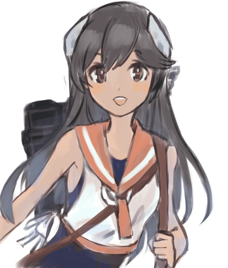 1girl bangs black_hair blue_swimsuit brown_eyes headgear i-400_(kancolle) kantai_collection long_hair looking_at_viewer momosio2f one-piece_swimsuit open_mouth orange_sailor_collar rigging sailor_collar simple_background sleeveless solo swimsuit swimsuit_under_clothes tan upper_body white_background