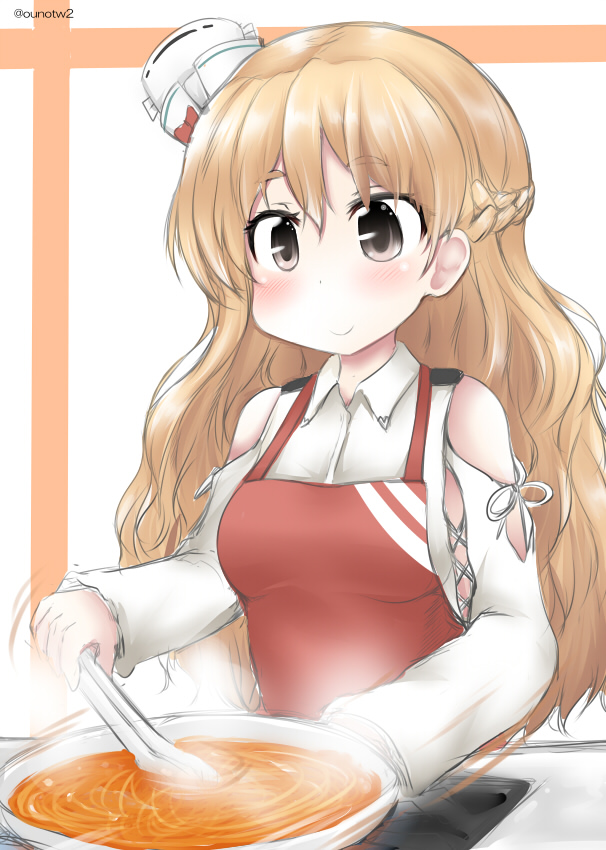 1girl alternate_costume apron bare_shoulders blonde_hair braid brown_eyes commentary_request cooking french_braid hat kantai_collection long_hair mini_hat ouno_(nounai_disintegration) pot red_apron shirt smile solo stirring tilted_headwear upper_body wavy_hair white_headwear white_shirt zara_(kancolle)