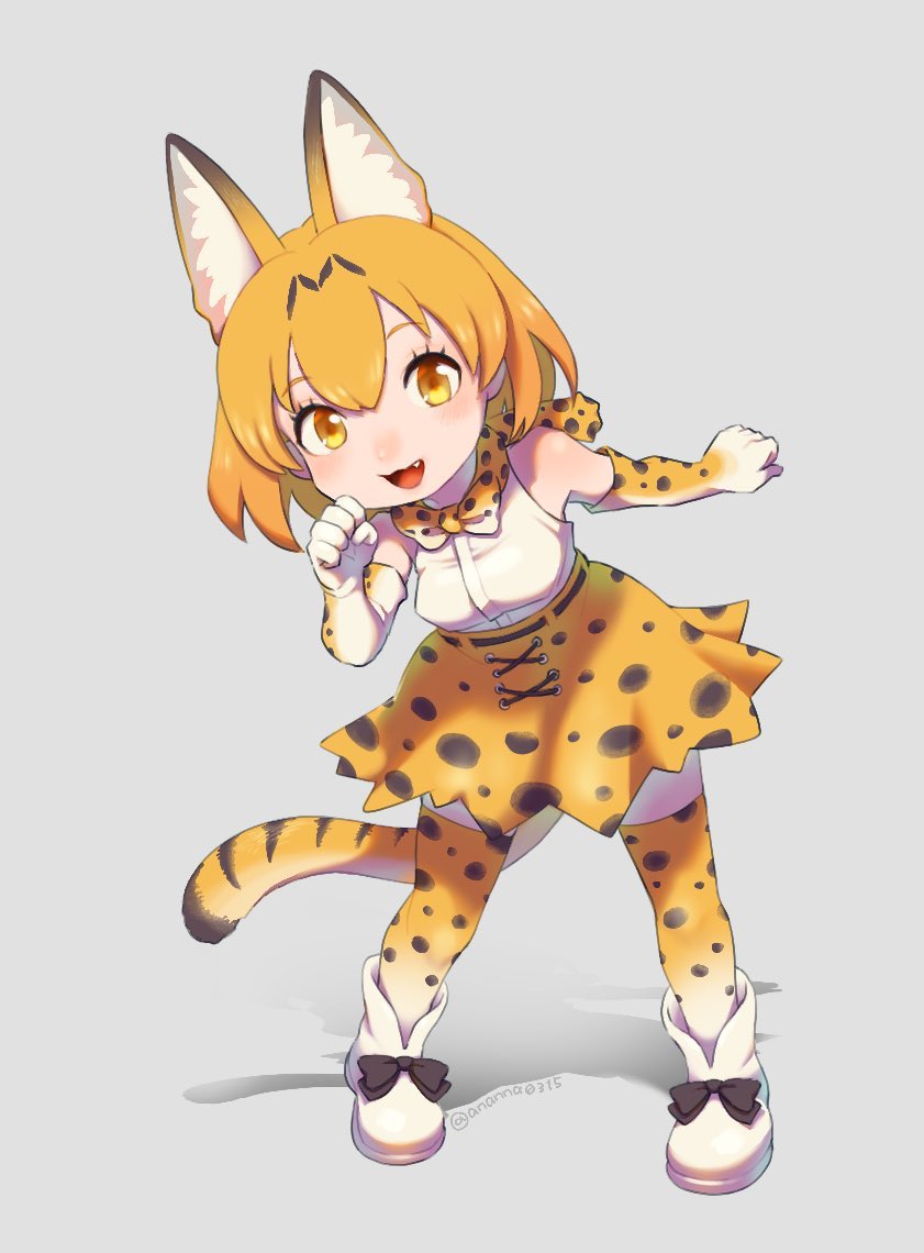 1girl :3 :d animal_ear_fluff animal_ears bangs bare_shoulders black_bow blush boots bow bowtie commentary_request elbow_gloves eyebrows_visible_through_hair fang gloves grey_background hand_up kemono_friends kinkitsu1824 leaning_forward looking_at_viewer open_mouth orange_eyes orange_hair paw_pose serval_(kemono_friends) serval_ears serval_print serval_tail shirt short_hair simple_background smile solo standing tail thigh-highs white_shirt