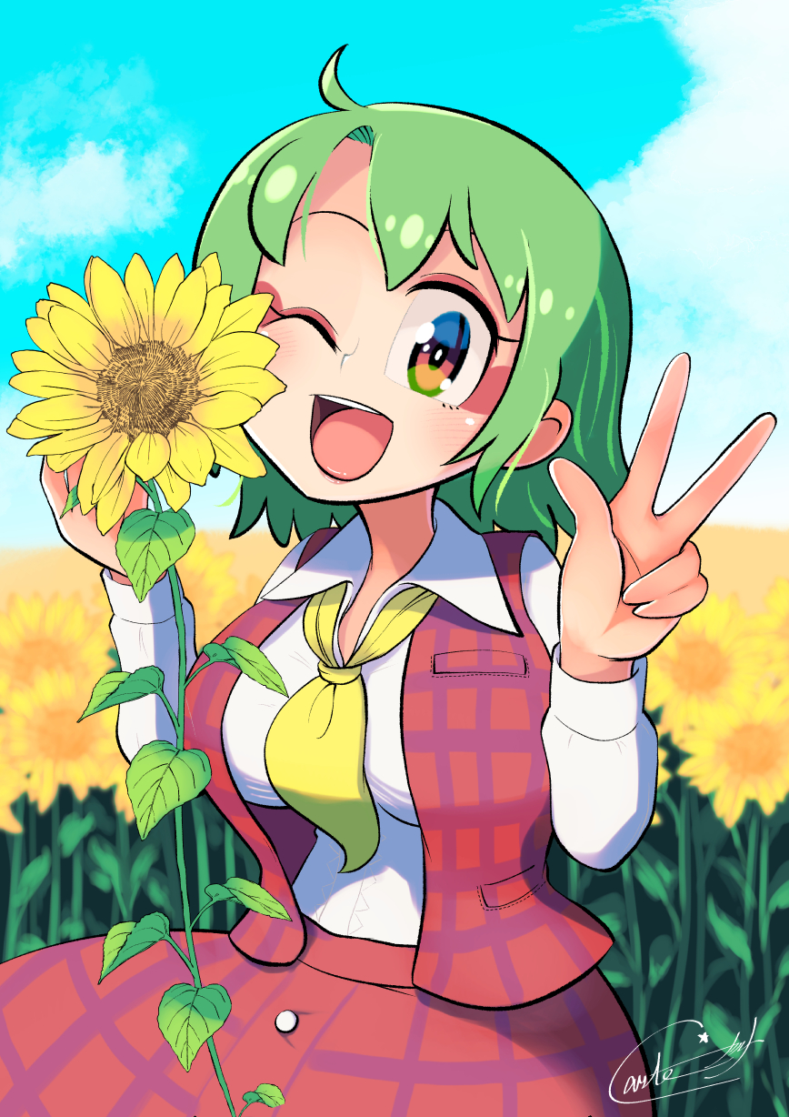 ascot carte collared_shirt field flower flower_field frilled_skirt frills garden_of_the_sun green_hair highres kazami_yuuka long_skirt long_sleeves open_clothes open_vest plaid plaid_skirt plaid_vest red_eyes red_skirt red_vest shirt short_hair skirt skirt_set sunflower touhou vest white_shirt yellow_neckwear youkai