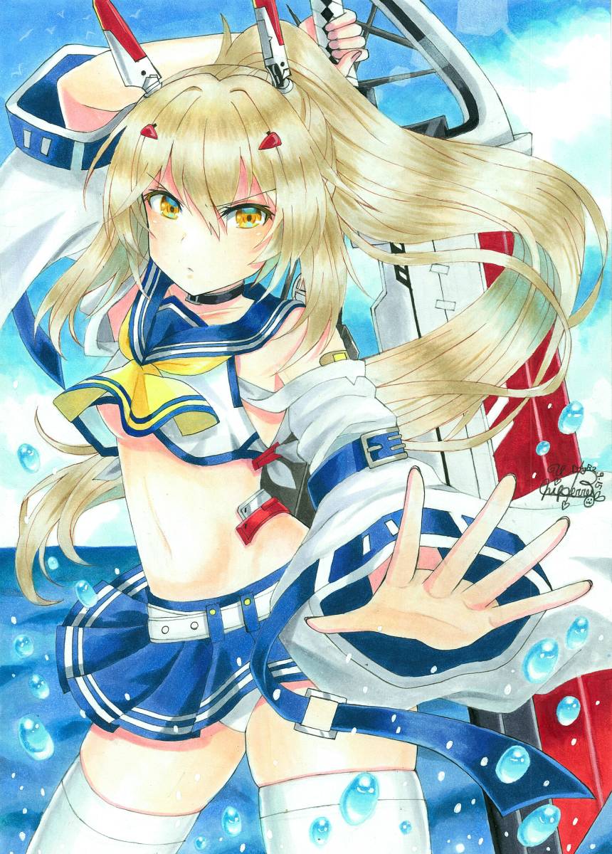 1girl arm_behind_head arm_up ayanami_(azur_lane) azur_lane bandaid bandaid_on_arm bangs belt blue_sky choker clouds cloudy_sky collarbone commentary_request detached_sleeves eyebrows_visible_through_hair eyes_visible_through_hair fighting_stance hair_between_eyes hair_ornament hairclip headgear highres holding holding_sword holding_weapon horizon long_hair looking_at_viewer midriff navel ocean panties pantyshot pleated_skirt ponytail retrofit_(azur_lane) school_uniform serafuku sidelocks signature silver_hair skirt sky solo sword thigh-highs traditional_media underwear v-shaped_eyebrows water_drop weapon whipberry white_legwear wide_sleeves yellow_eyes zettai_ryouiki