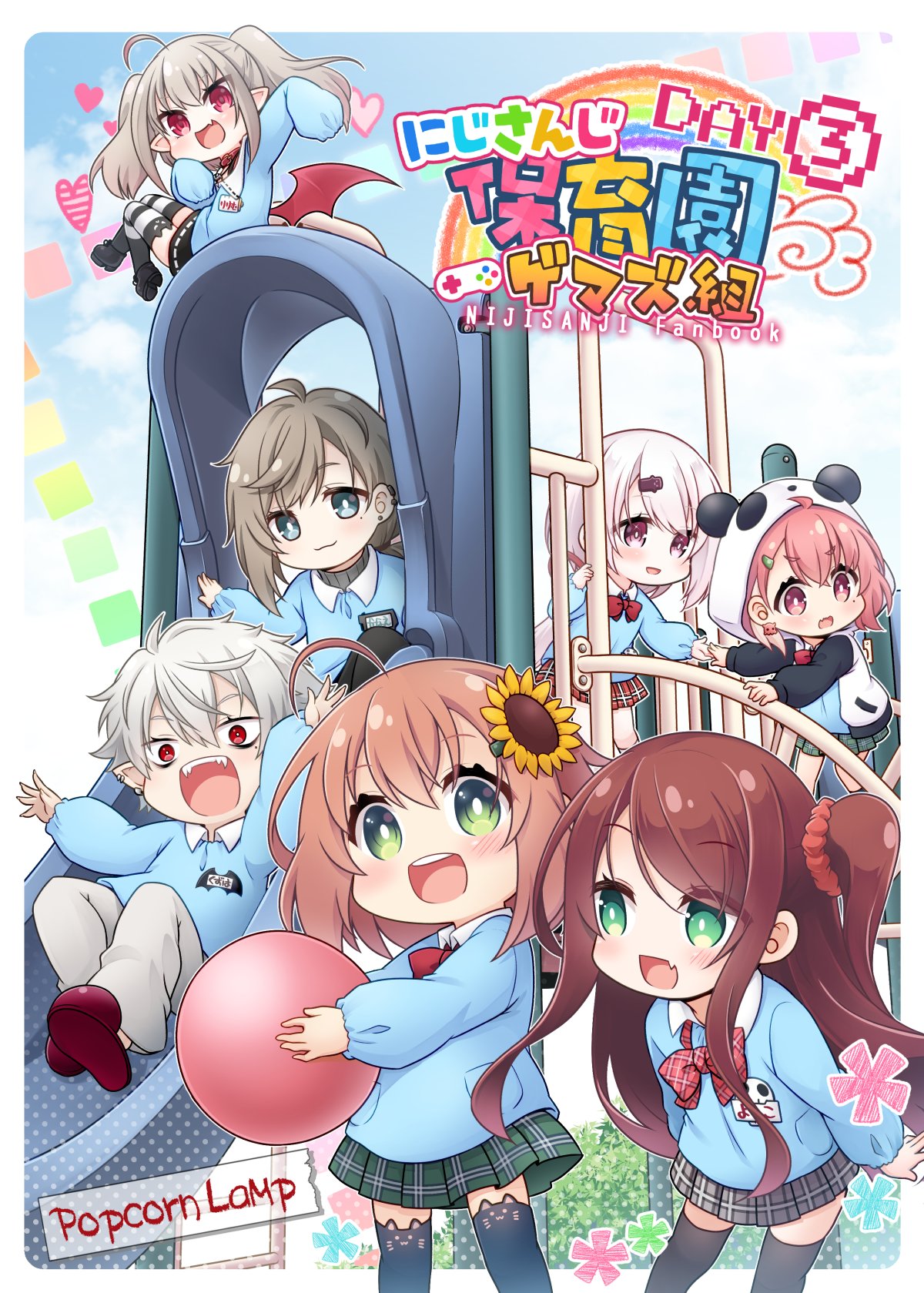 2boys 5girls :d ahoge akabane_youko animal_ear_legwear animal_ears animal_hood bangs black_legwear blue_eyes blue_shirt blush bow brown_hair cat_ear_legwear chibi collared_shirt commentary_request cover cover_page day demon_wings ear_piercing earrings eyebrows_visible_through_hair fake_animal_ears fang fangs flower green_eyes green_skirt grey_hair grey_pants grey_skirt hair_between_eyes hair_flower hair_ornament hair_ribbon hair_scrunchie hairclip heart highres honma_himawari hood hood_up hooded_jacket jacket jewelry kadose_ara kanae_(nijisanji) kindergarten_uniform kuzuha_(nijisanji) long_sleeves low_wings makaino_ririmu multicolored_hair multiple_boys multiple_girls nijisanji one_side_up open_clothes open_jacket open_mouth panda_ears panda_hood pants piercing plaid plaid_bow plaid_skirt pleated_skirt pointy_ears puffy_long_sleeves puffy_sleeves red_bow red_eyes red_ribbon red_scrunchie red_skirt red_wings ribbon sasaki_saku scrunchie shiina_yuika shirt skirt slide smile streaked_hair striped striped_legwear sunflower sunflower_hair_ornament thigh-highs twintails upper_teeth virtual_youtuber white_hair white_jacket wings yellow_flower