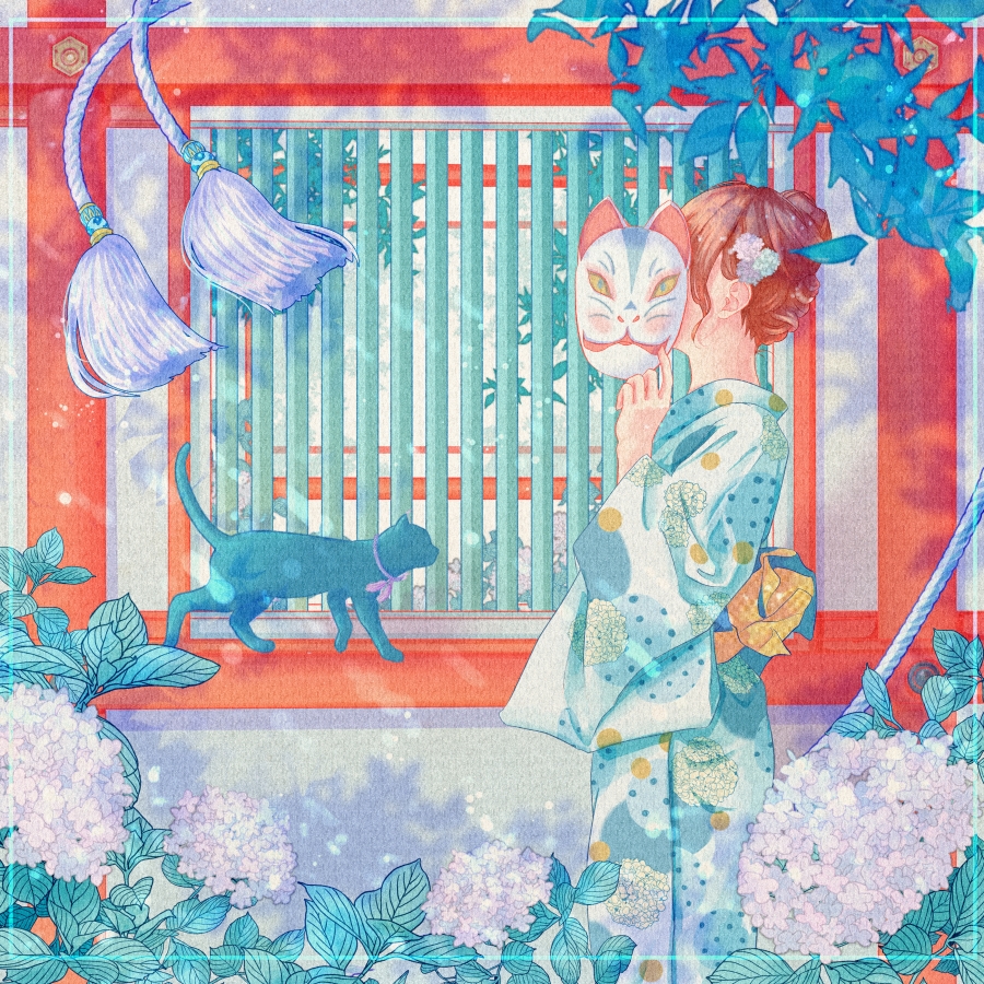 1girl black_cat cat covered_face flower fox_mask from_side hair_flower hair_ornament hand_up holding holding_mask hydrangea japanese_clothes kimono leaf long_sleeves mask original plant print_kimono shadow solo upper_body wacca005 wide_sleeves