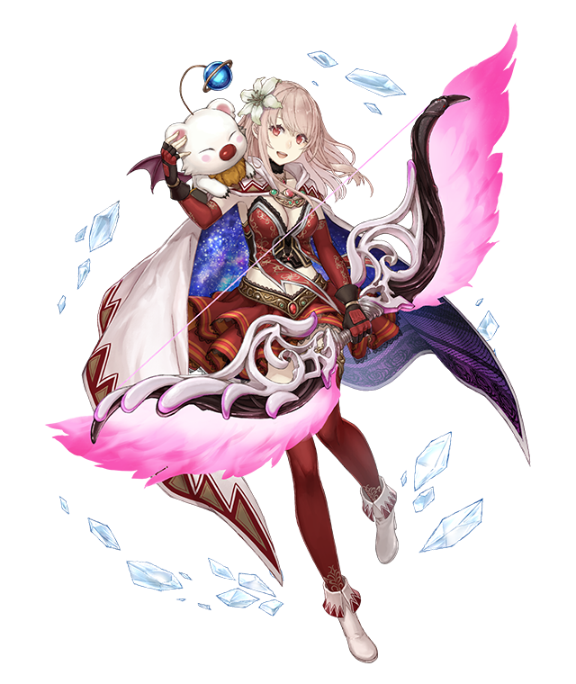 1girl :d bow_(weapon) breasts cape fina_(ff_be) final_fantasy final_fantasy_brave_exvius fingerless_gloves flower full_body gloves hair_flower hair_ornament holding holding_bow_(weapon) holding_weapon ji_no large_breasts looking_at_viewer medium_hair moogle official_art open_mouth pink_hair red_eyes red_skirt sinoalice skirt smile thigh-highs transparent_background upper_teeth weapon