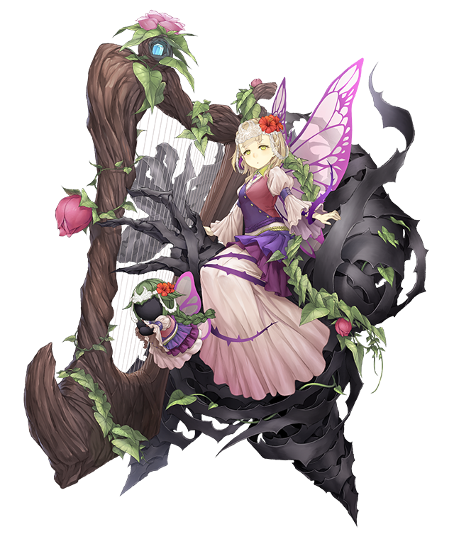 1girl blonde_hair briar_rose_(sinoalice) dress fairy_wings flower frilled_dress frills full_body hair_flower hair_ornament harp instrument ji_no looking_at_viewer official_art pink_dress plant sinoalice solo stuffed_toy thorns transparent_background vines wings yellow_eyes