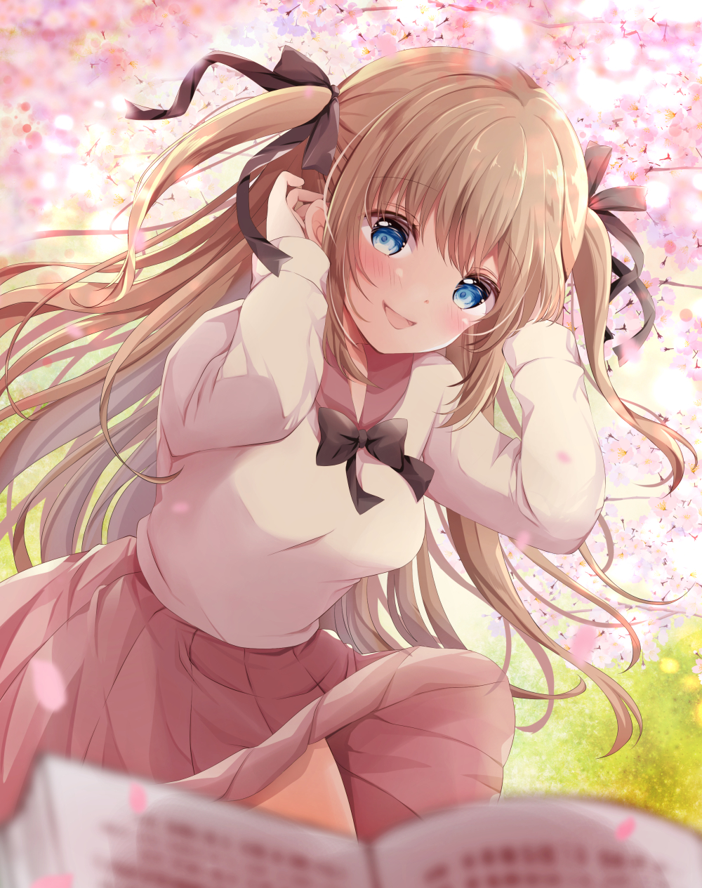 1girl :d arms_behind_head bangs black_bow black_neckwear black_ribbon blue_eyes blurry blurry_foreground blush book bow bowtie breasts cherry_blossoms commentary_request cowboy_shot depth_of_field eyebrows_visible_through_hair hair_ribbon highres light_brown_hair long_hair long_sleeves medium_breasts open_book open_mouth original pink_sailor_collar pink_skirt ribbon sailor_collar sakura_(ichisakupink) shirt skirt smile solo two_side_up very_long_hair white_shirt