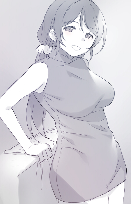 1girl breasts deyuuku dress eyebrows_visible_through_hair hair_ornament hair_scrunchie large_breasts long_hair looking_at_viewer love_live! love_live!_school_idol_project low_twintails monochrome scrunchie sleeveless sleeveless_dress sleeveless_sweater smile solo sweater sweater_dress toujou_nozomi turtleneck turtleneck_sweater twintails